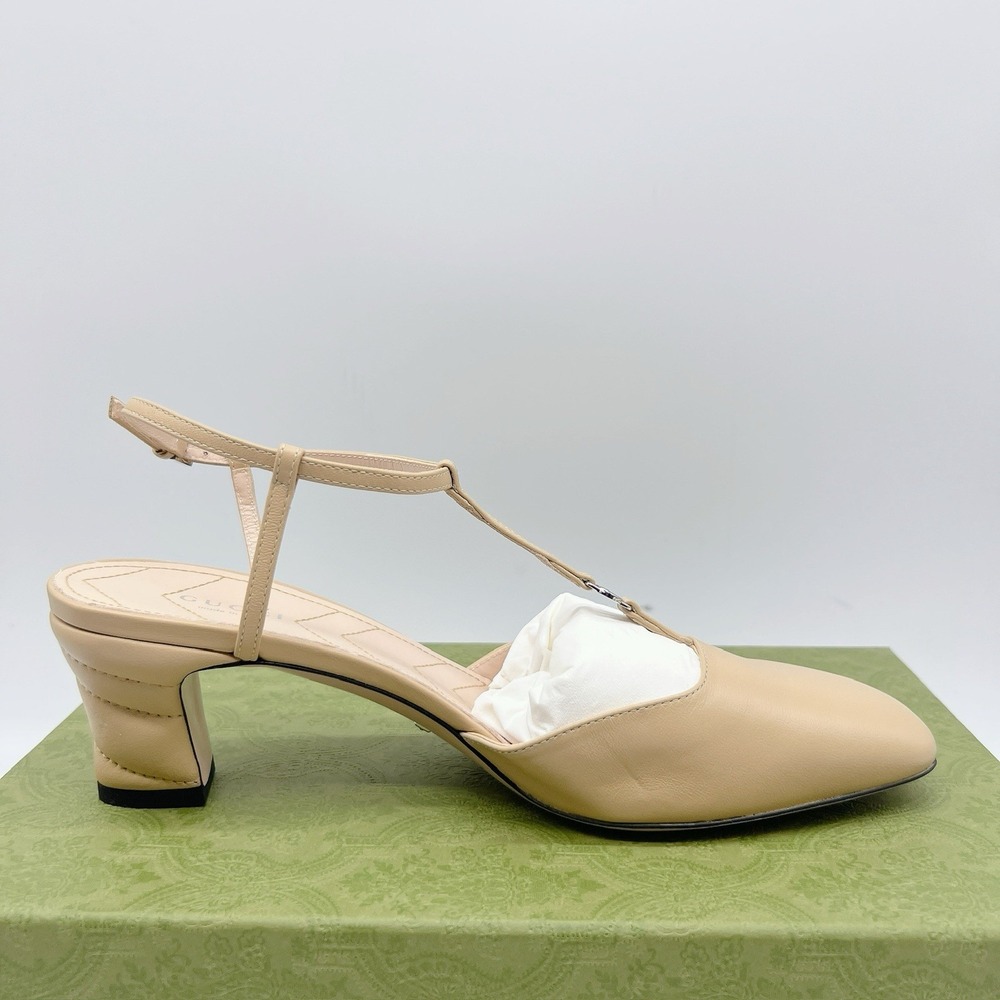 GUCCI DOUBLE G INTERLOCKING LOGO Slingback Heel Pump Wheat Leather EU 39.5 - Picture 8 of 12